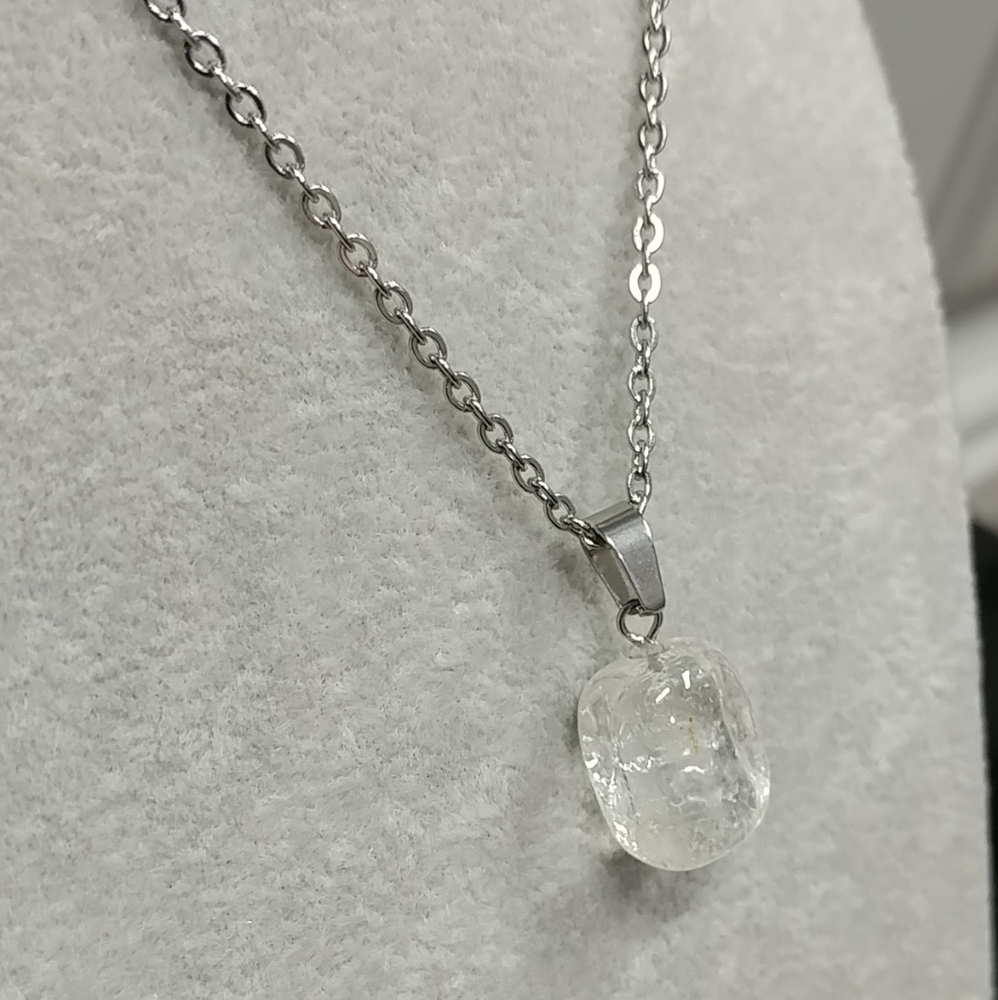 Natural Clear Quartz Crystal Necklace Gemstone Pendant Stainless-Steel Chain 20"
